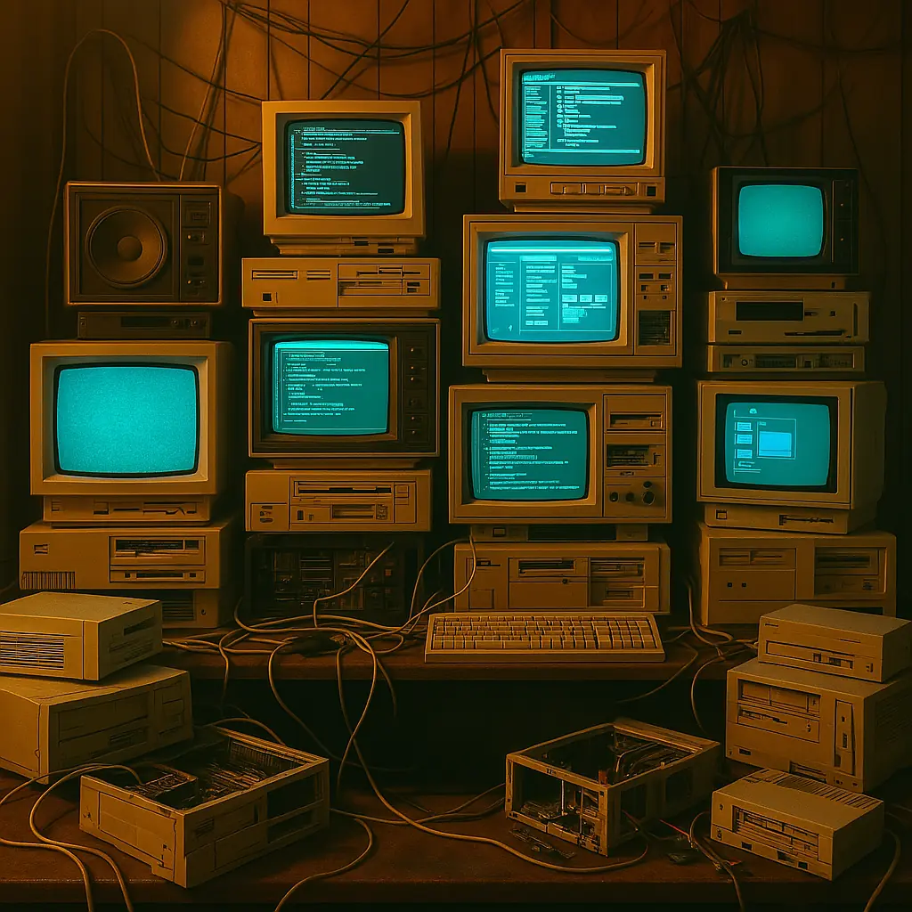 Piles de moniteurs CRT et d'unités centrales beiges vintage, certains affichant du code en bleu-vert, dans un environnement sombre et câblé rappelant une ancienne salle de serveurs ou un repaire de hackers.