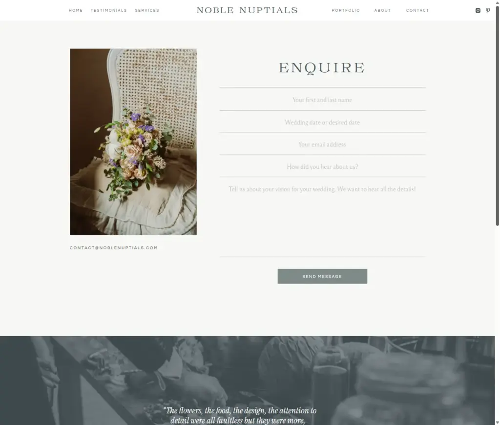 A screenshot of the Noble Nuptials website contact page
