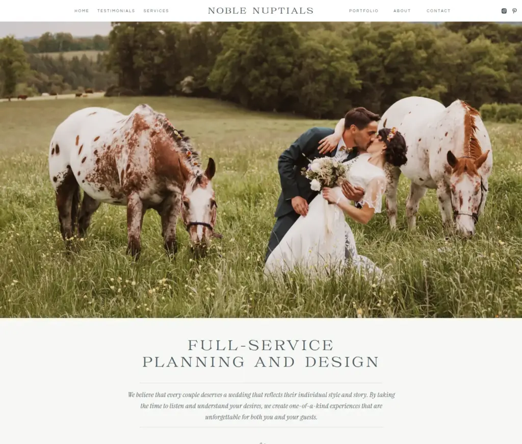 A screenshot of the Noble Nuptials website services page